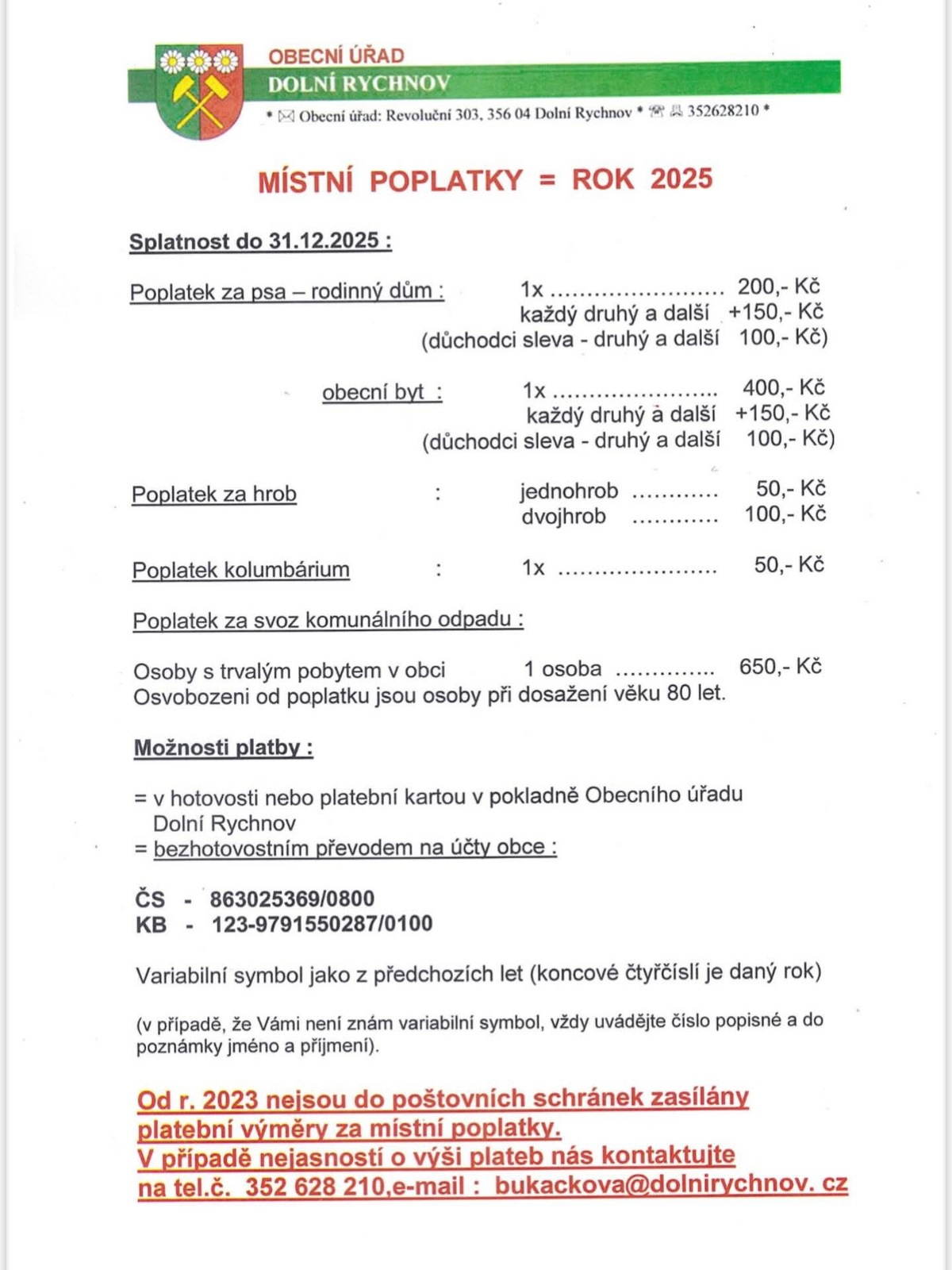 Splatnost poplatků za rok 2025